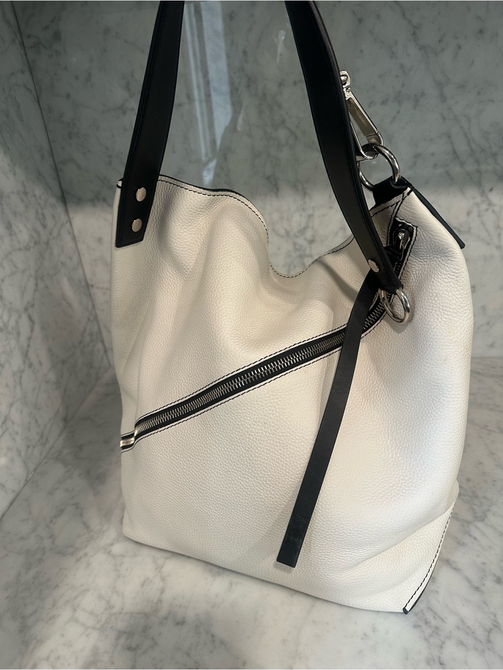 Proenza Schouler White Leather Shoulder Tote with Black Trim